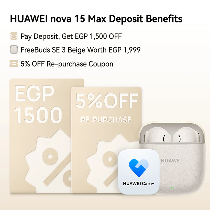 Promotional banner for the HUAWEI nova 15 Max Deposit Benefits, detailing a deposit offer of EGP 1,500 off, a free pair of FreeBuds SE 3 in Beige worth EGP 1,999, a 5% off re-purchase coupon, and a HUAWEI Care+ badge
