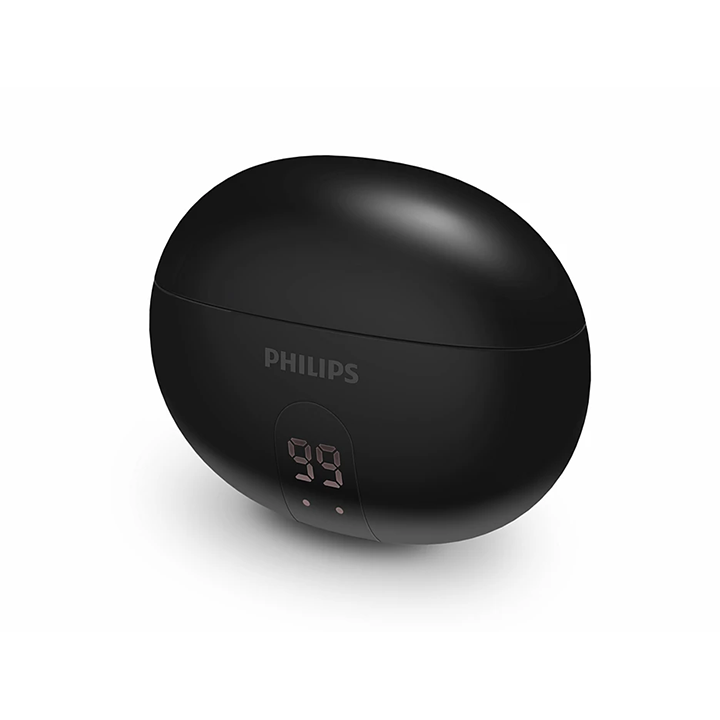 Closed matte black Philips 3000 Series charging case showing the Philips logo and digital LED battery display.