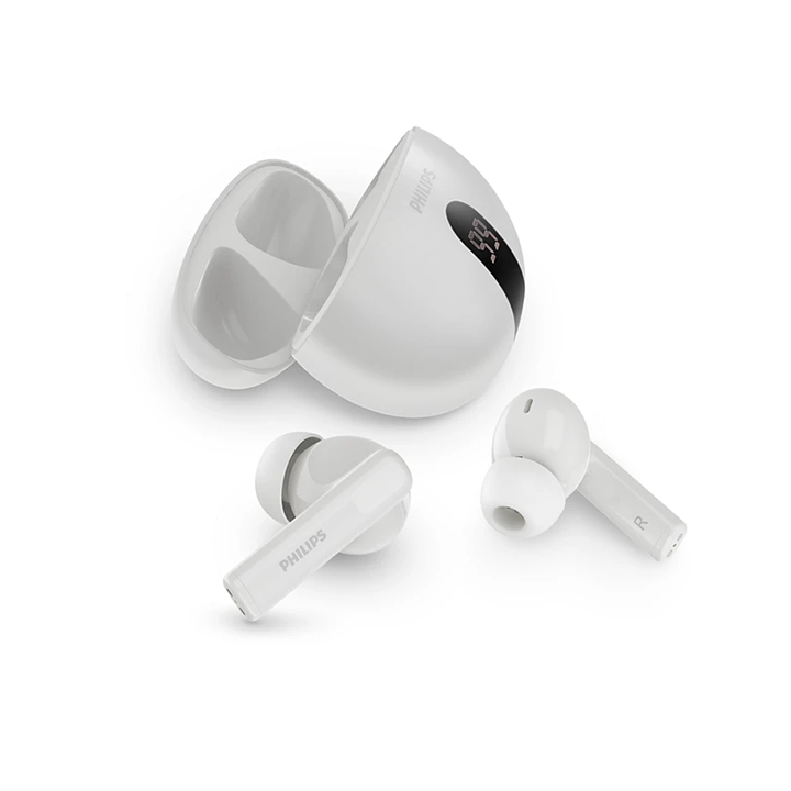 white Philips 3000 Series true wireless earbuds placed next to their open charging case, highlighting the in-ear design.
