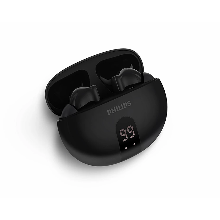 Close-up of open black Philips 3000 Series charging case with the wireless earbuds docked inside, featuring a digital LED screen.