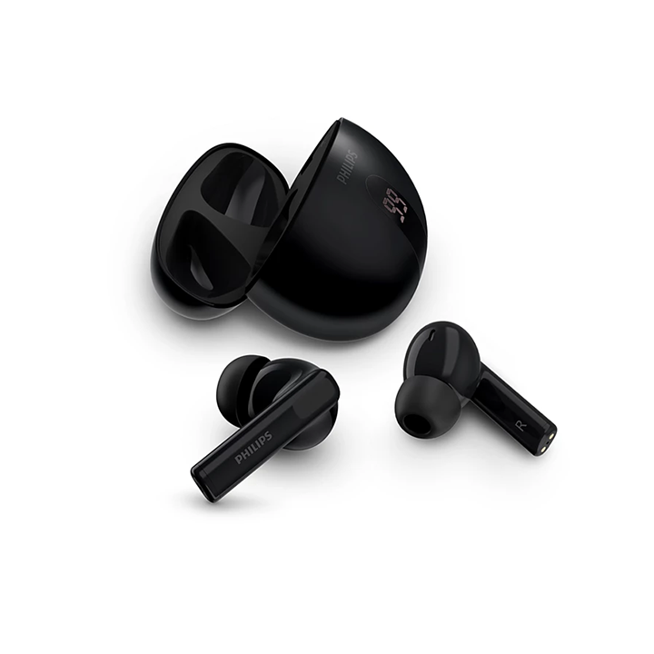 Black Philips 3000 Series true wireless earbuds placed next to their open charging case, highlighting the in-ear design.