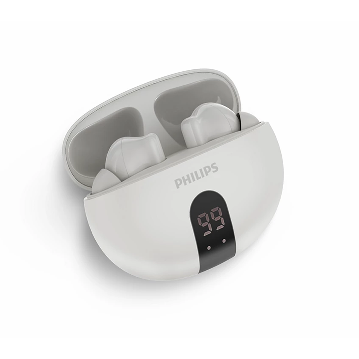 Close-up of open white Philips 3000 Series charging case with the wireless earbuds docked inside, featuring a digital LED screen.