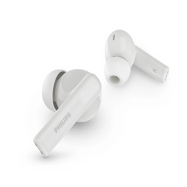 A pair of white Philips 3000 Series true wireless earbuds, angled to show the Philips logo on the stem of the front earbud.