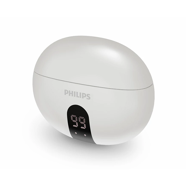 Closed matte white Philips 3000 Series charging case showing the Philips logo and digital LED battery display.