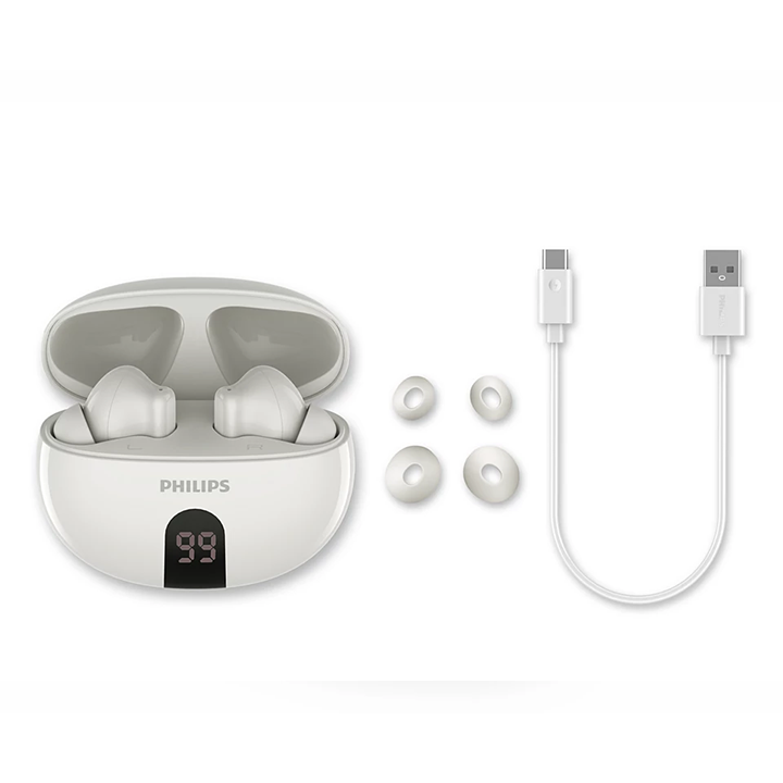 Open white Philips 3000 Series earbuds charging case displaying LED battery percentage indicator, shown with USB-C cable and extra ear tips.