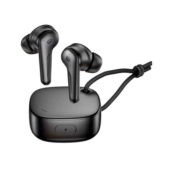 Choetech BH-T18 TWS earbuds in black placed next to magnetic charging case