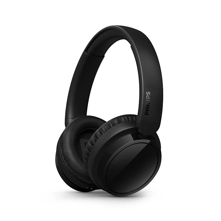 Side perspective view of Philips 5000 series black Bluetooth headphones showing headband logo