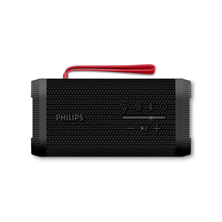 Front view of Philips TAS2000B/00 black wireless speaker with top control buttons and red strap