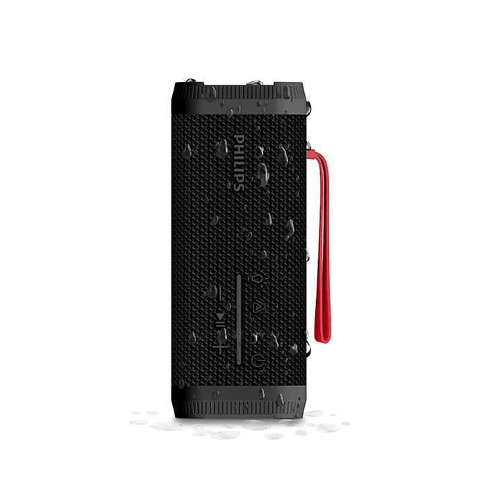 Vertical view of Philips TAS2000B/00 IPX5 waterproof speaker with water droplets