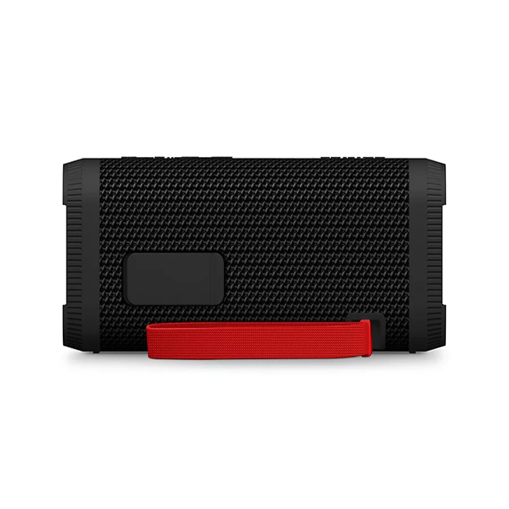 Back view of Philips TAS2000B/00 black portable Bluetooth speaker with red carrying strap