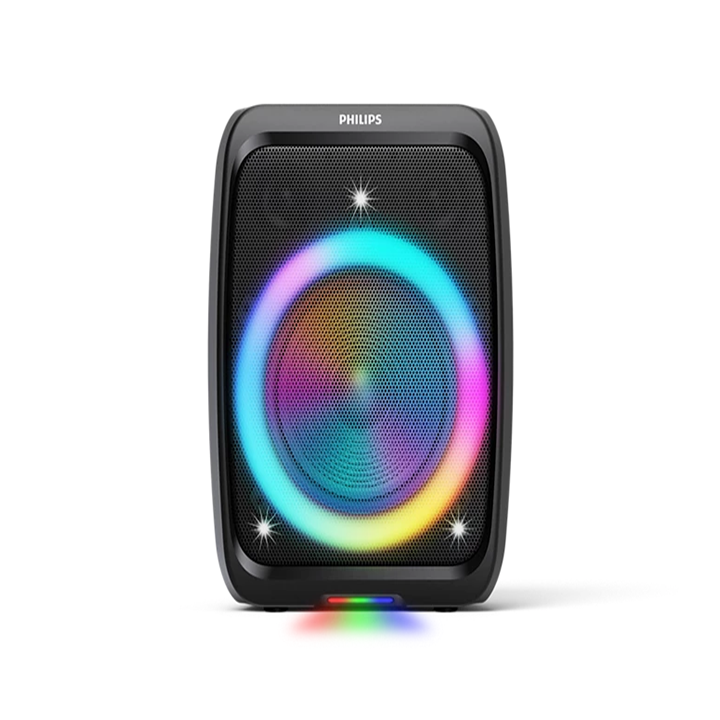Full front view of the black Philips TAX3000/00 speaker with illuminated RGB light ring and underglow lighting on a white background.