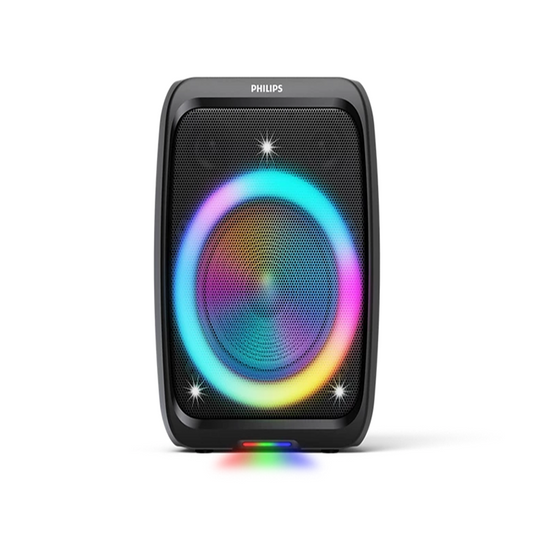 Full front view of the black Philips TAX3000/00 speaker with illuminated RGB light ring and underglow lighting on a white background.