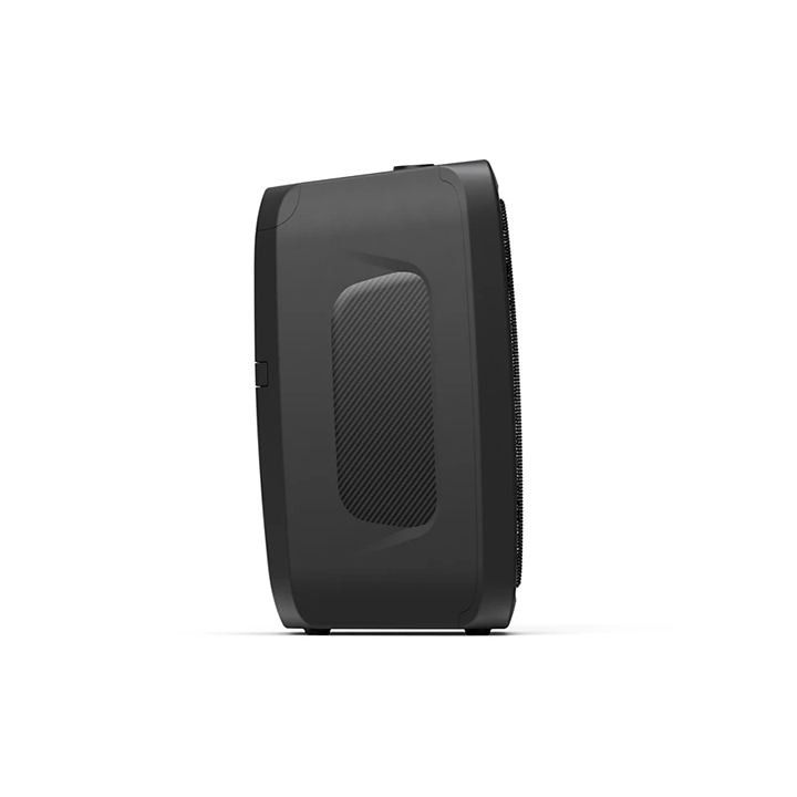 Right side view of the black Philips TAX3000/00 party speaker showcasing its textured carbon fiber style pattern on the side panel.