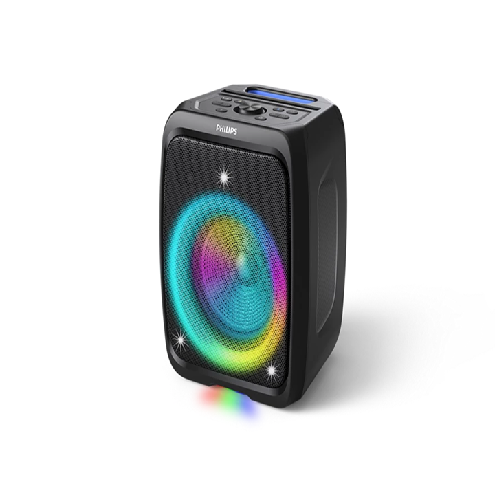 Angled front view of the Philips TAX3000/00 Bluetooth party speaker featuring active multi-color RGB ring lights on the speaker grille.