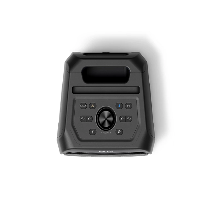 Top view of the Philips TAX3000/00 speaker control panel featuring the volume knob, power button, Bluetooth pairing, and bass boost controls.