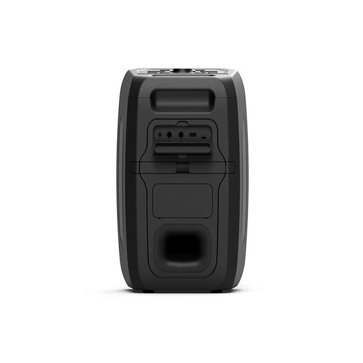 Rear view of the Philips TAX3000/00 party speaker displaying the input/output ports, power switch, handle, and bass port.