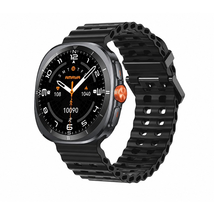 Amaya ASW-10 black smartwatch with 1.43 inch Super AMOLED display, orange side button, and perforated silicone strap