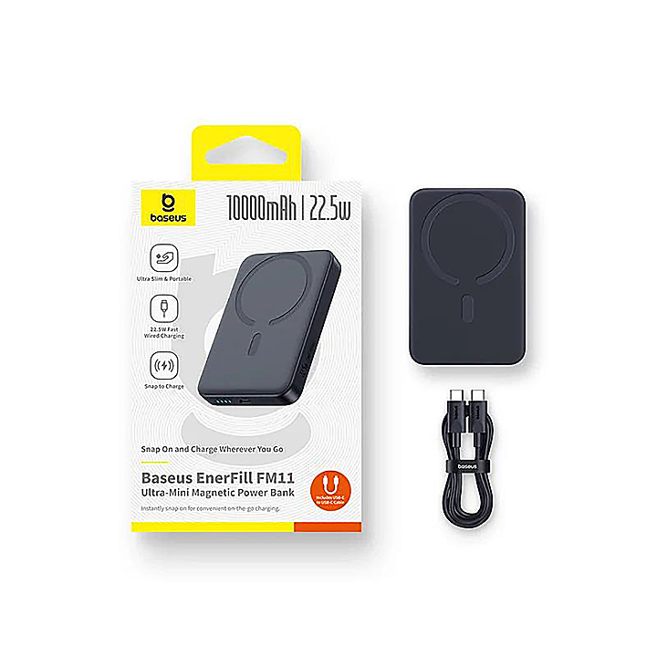 Baseus EnerFill FM11 Ultra Mini Power Bank package with USB C 
Baseus 10000mAh magnetic wireless power bank charging an iPhone.