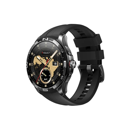 Right side perspective view of Kieslect Actor Ultra calling watch, showing two physical side control buttons, a rotating crown with a red accent ring, and a black strap buckle.