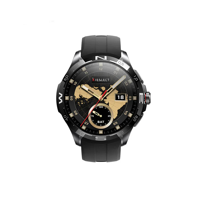 Full front flat-lay view of Kieslect Actor Ultra smart watch face displaying a world map design, gold hands, date widget, and prominent hardware side buttons on the right.