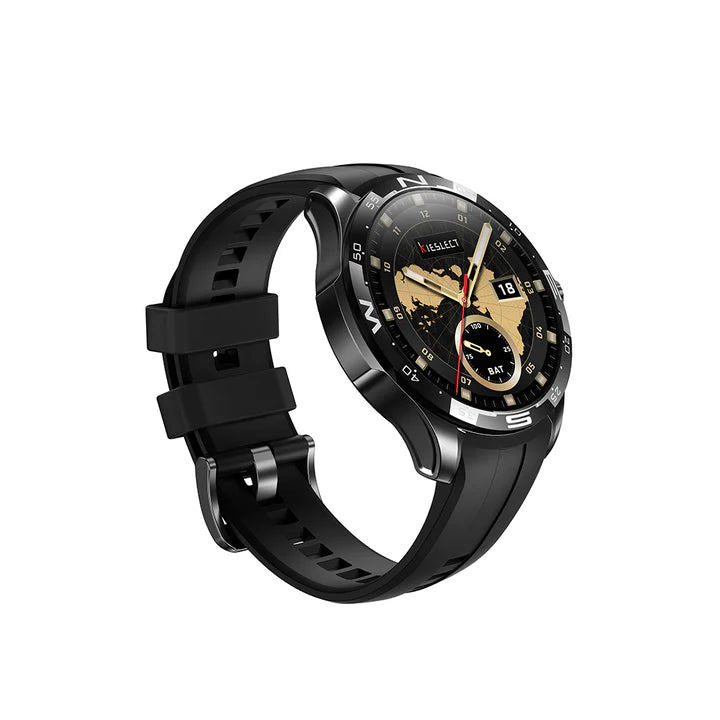 Left side perspective view of Kieslect Actor Ultra smart calling watch in black, featuring a ceramic bezel with compass markings and a black silicone strap.
