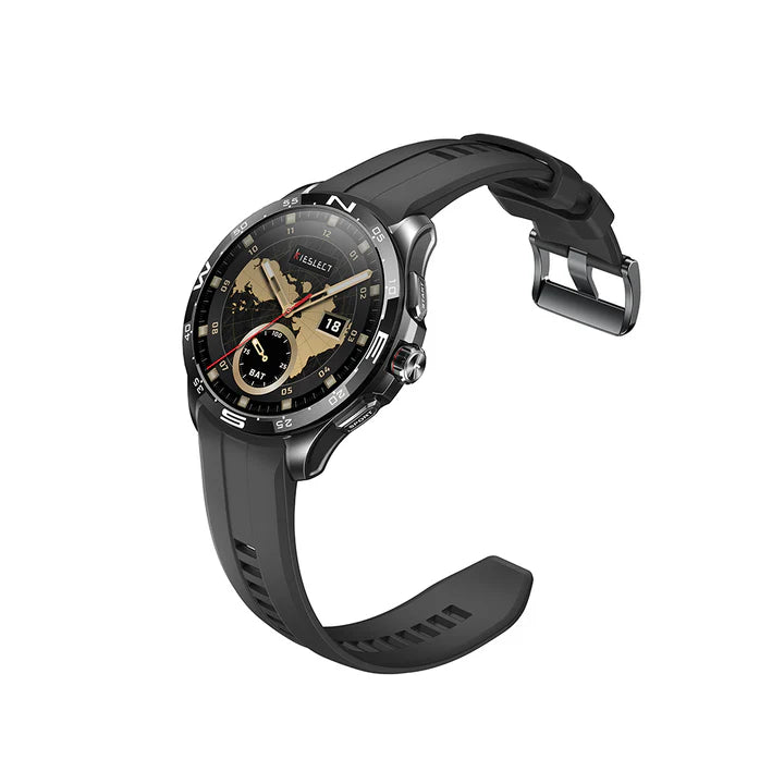 Angled profile view of the Kieslect Actor Ultra black smartwatch with an unbuckled silicone strap, showcasing the sleek aluminum case and hardware side buttons.