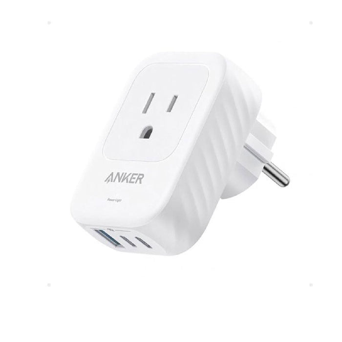  Angled view of white Anker travel charger adapter showing front AC outlet, bottom USB ports, and EU plug   