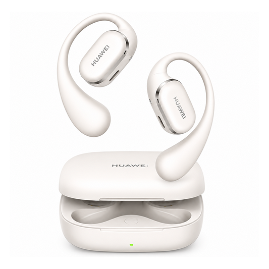 Floating view of grey Huawei FreeArc open-ear earbuds hovering over an open matching charging case with a green LED indicator light.