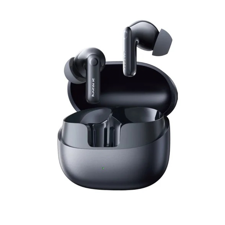 Baseus Bass BP1 NC hybrid ANC earbuds hovering over an open charging case.