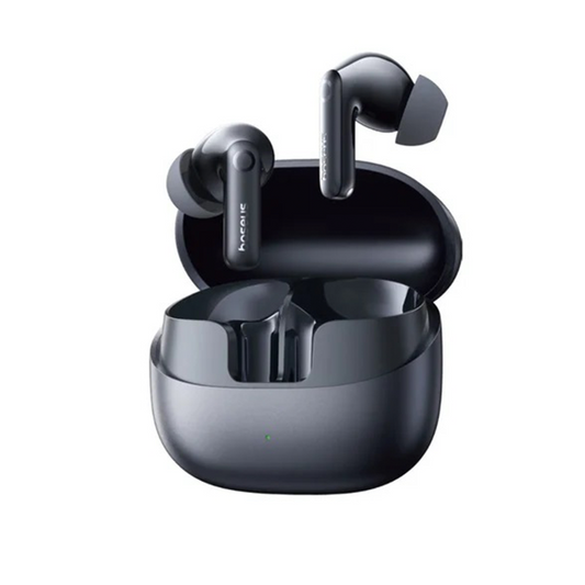 Baseus Bass BP1 NC hybrid ANC earbuds hovering over an open charging case.