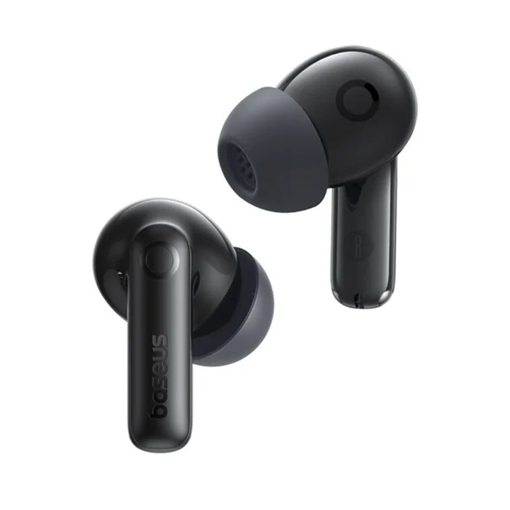 Close-up view of Baseus Bass BP1 NC black in-ear noise cancelling earbuds.