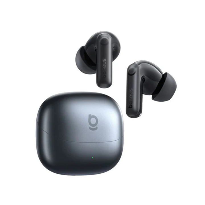 
Baseus Bass BP1 NC TWS wireless earbuds with closed metallic charging case.