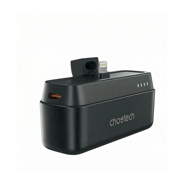 Choetech B741 mini power bank showing built-in Lightning plug and USB-C charging port