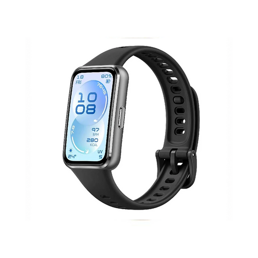 View of two-piece black silicone strap for HUAWEI Band 11 smart tracker showing adjustment holes and buckle