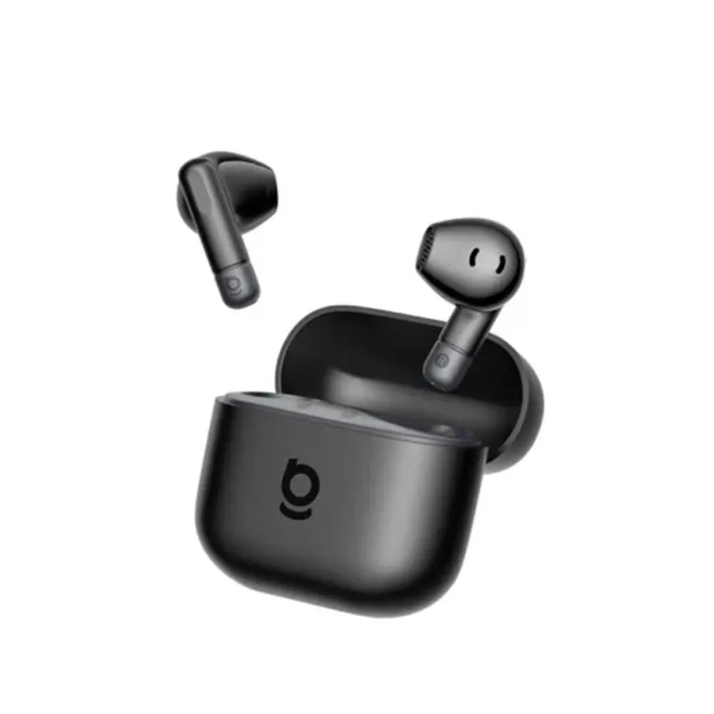 Close-up of the ergonomic Baseus BS2-Lite black wireless earbud highlighting the dual AI ENC microphone