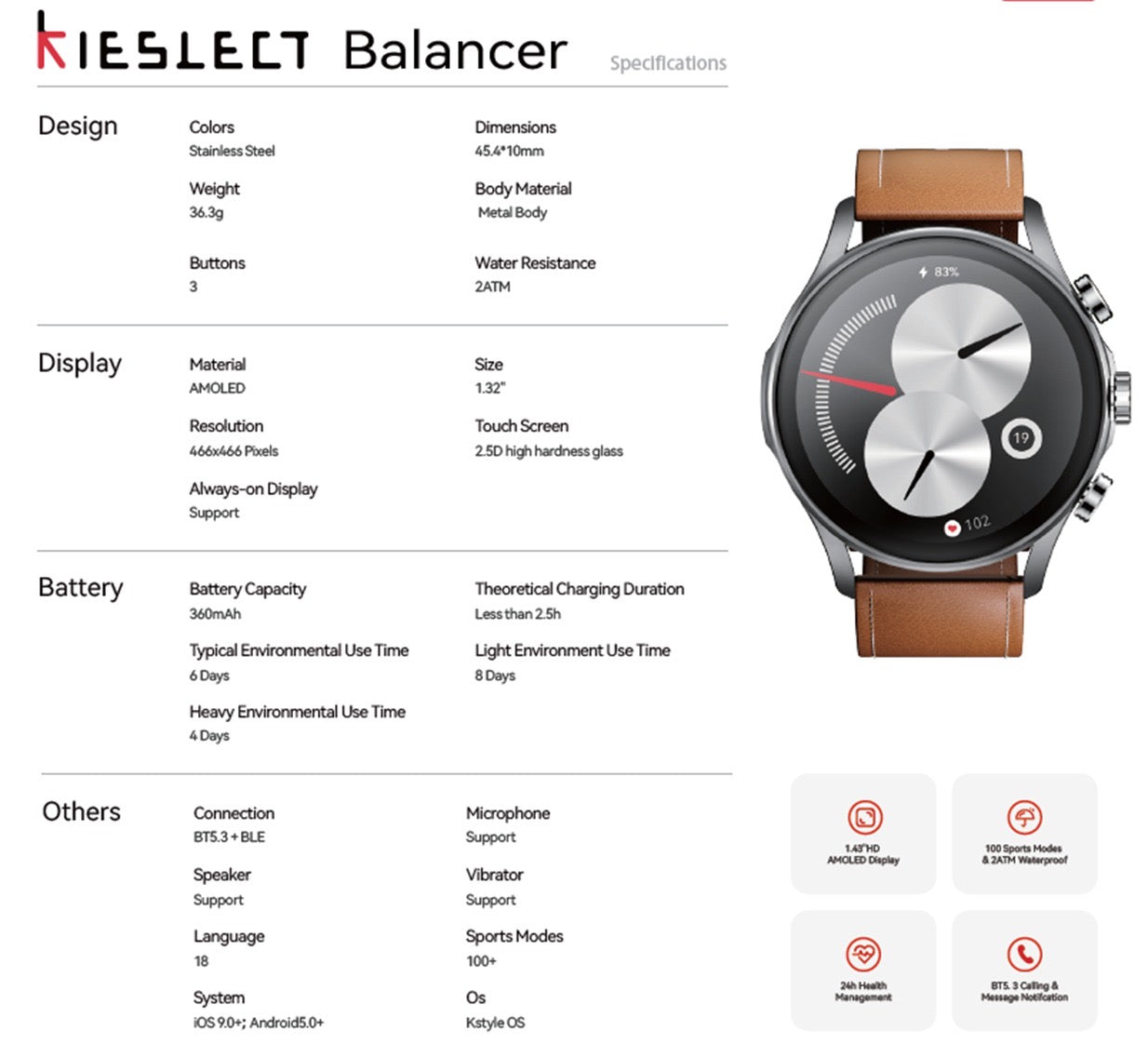 Official specifications chart for Kieslect Balancer smart watch detailing display, design, 360mAh battery, and health functions