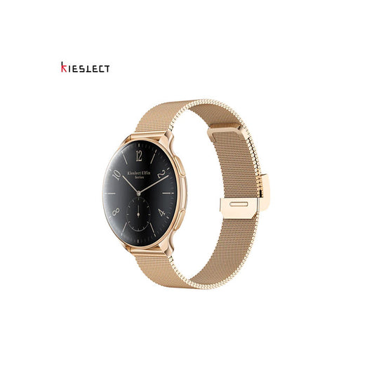 Angled front view of Kieslect Elfin women's smartwatch in rose gold with metal mesh strap