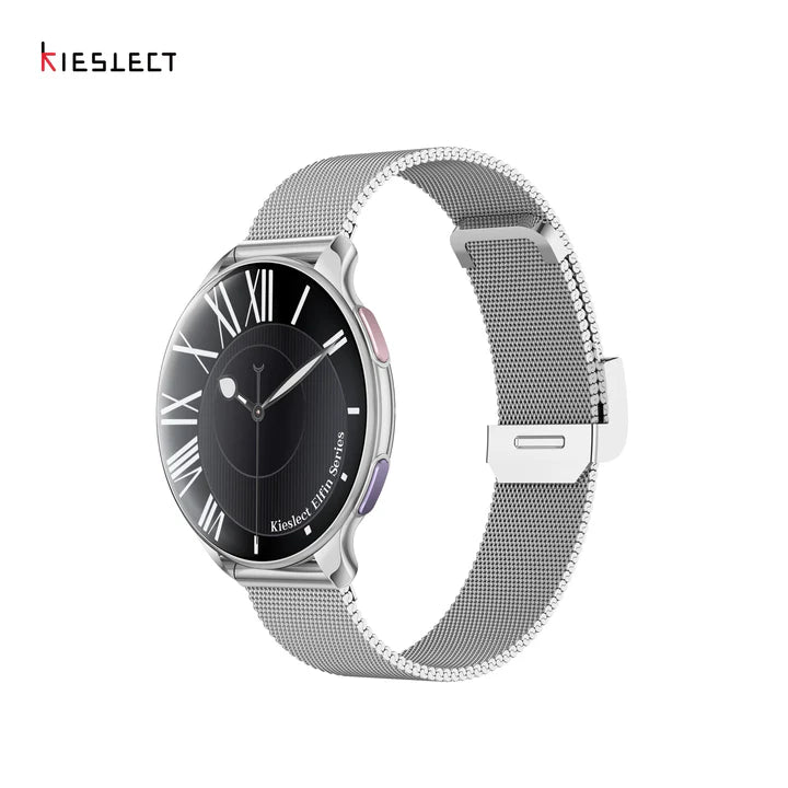 Side angle view of Kieslect Elfin women's smartwatch featuring a silver stainless steel mesh strap, round analog watch face, and colorful side buttons.
