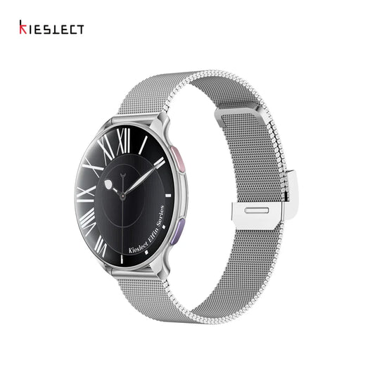 Side angle view of Kieslect Elfin women's smartwatch featuring a silver stainless steel mesh strap, round analog watch face, and colorful side buttons.