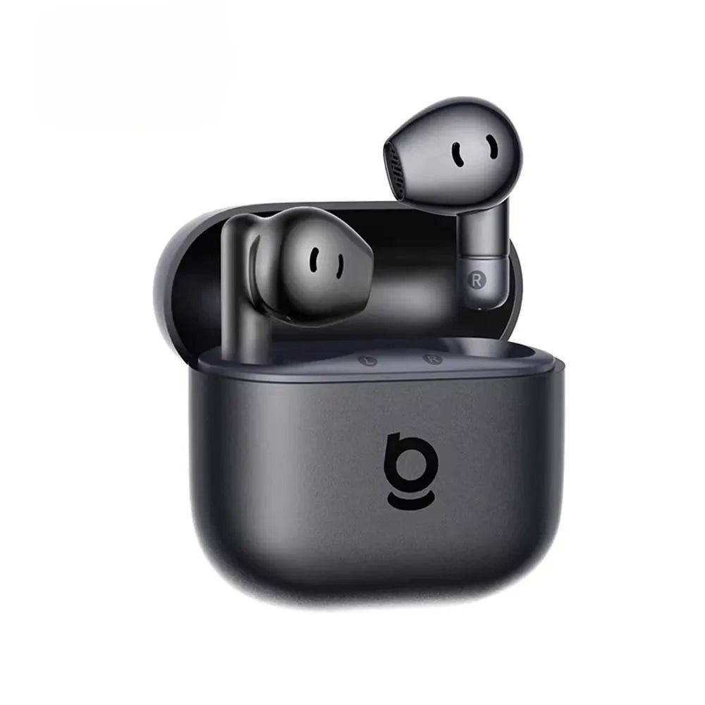 Black Baseus BS2-Lite TWS in-ear earbuds with their compact charging case showing sleek design