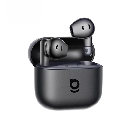 Black Baseus BS2-Lite TWS in-ear earbuds with their compact charging case showing sleek design