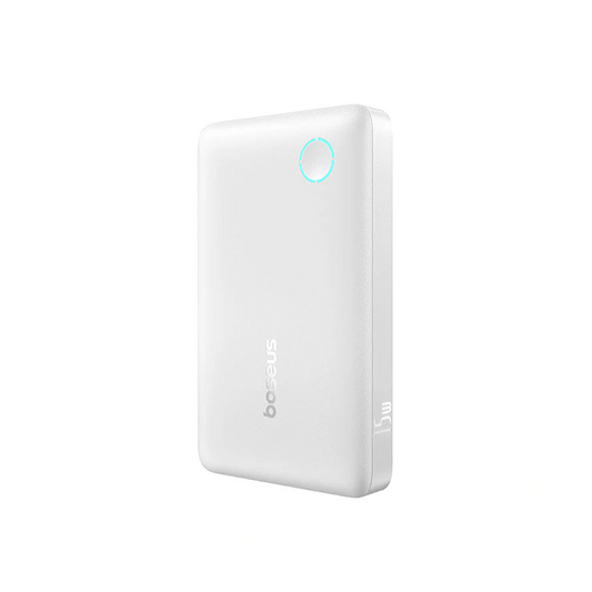 Three-quarter angled view of the white Baseus EnerFill FP11 15W power bank displaying the circular status light and side 15W engraving