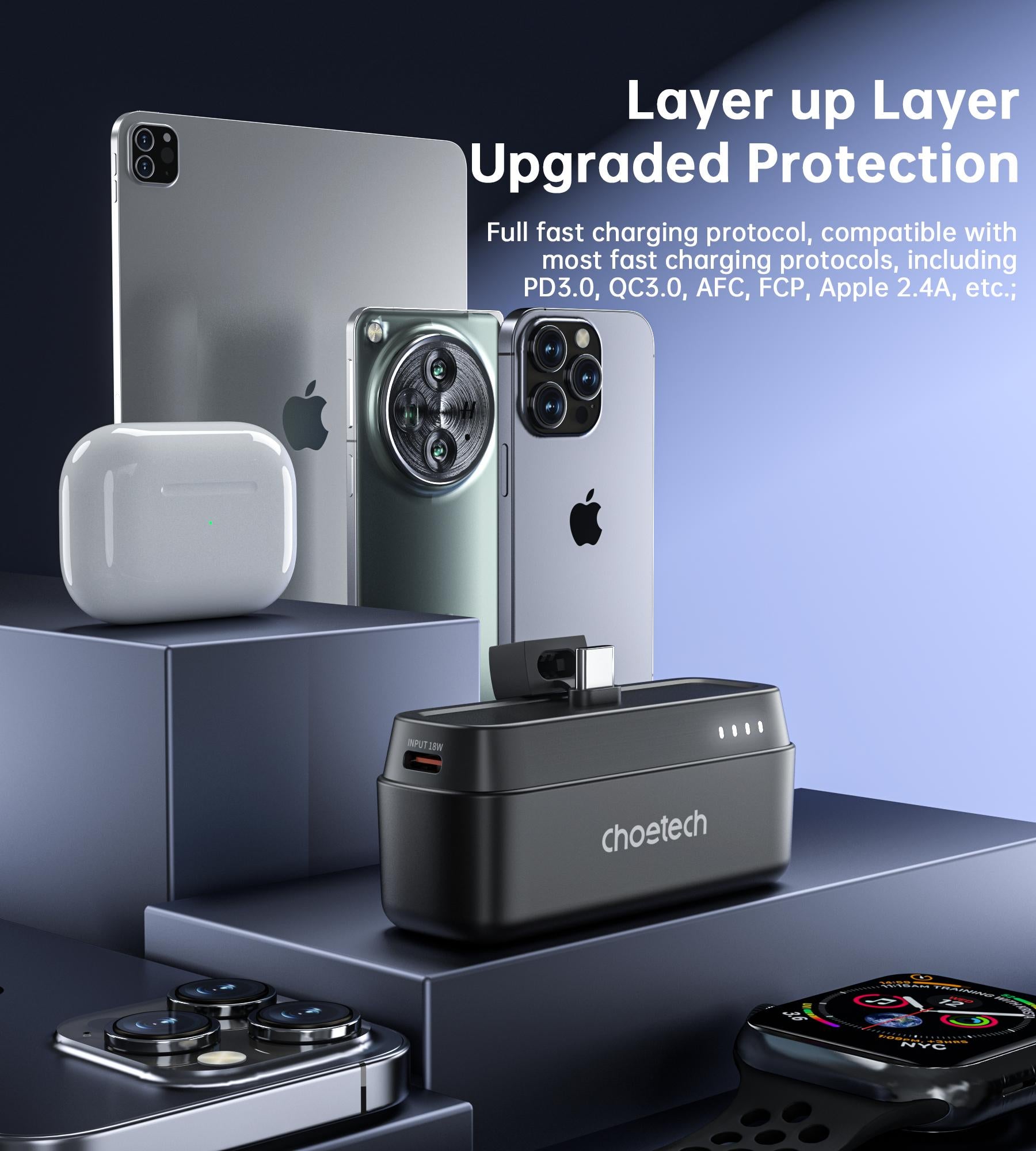 Ultra-compact fast charging power bank compatible with iPhone, Android, and tablets