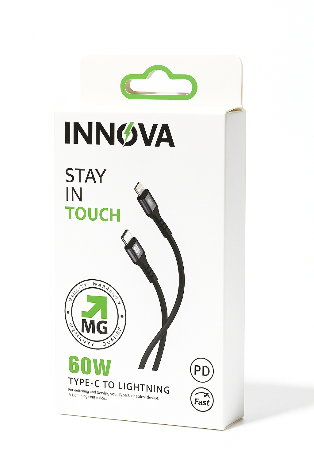 INNOVA Braided Type-C to Lightning PD 60W Fast Charging Cable Packaging in Black