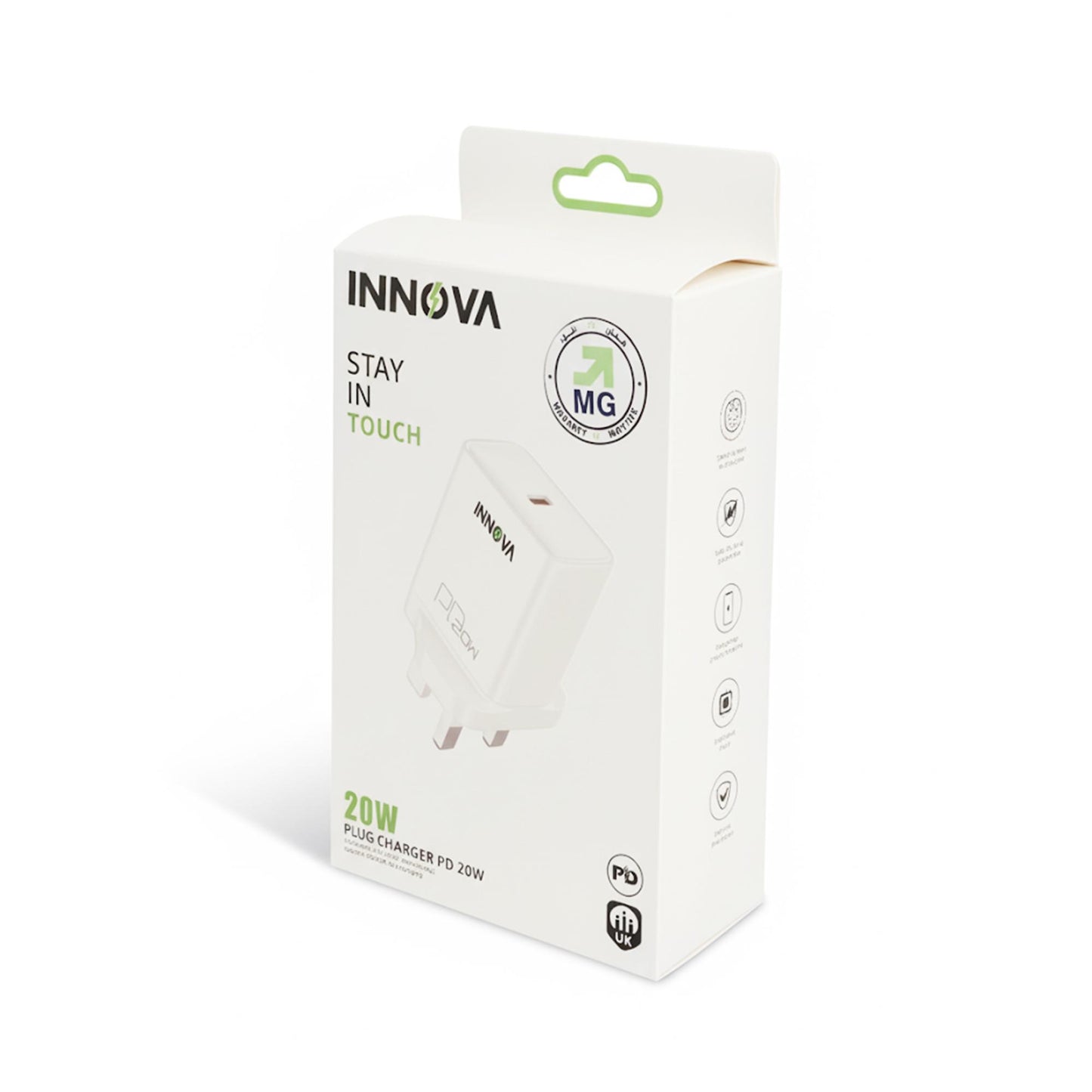INNOVA PD 20W USB-C Fast Wall Charger Retail Packaging Front View - White