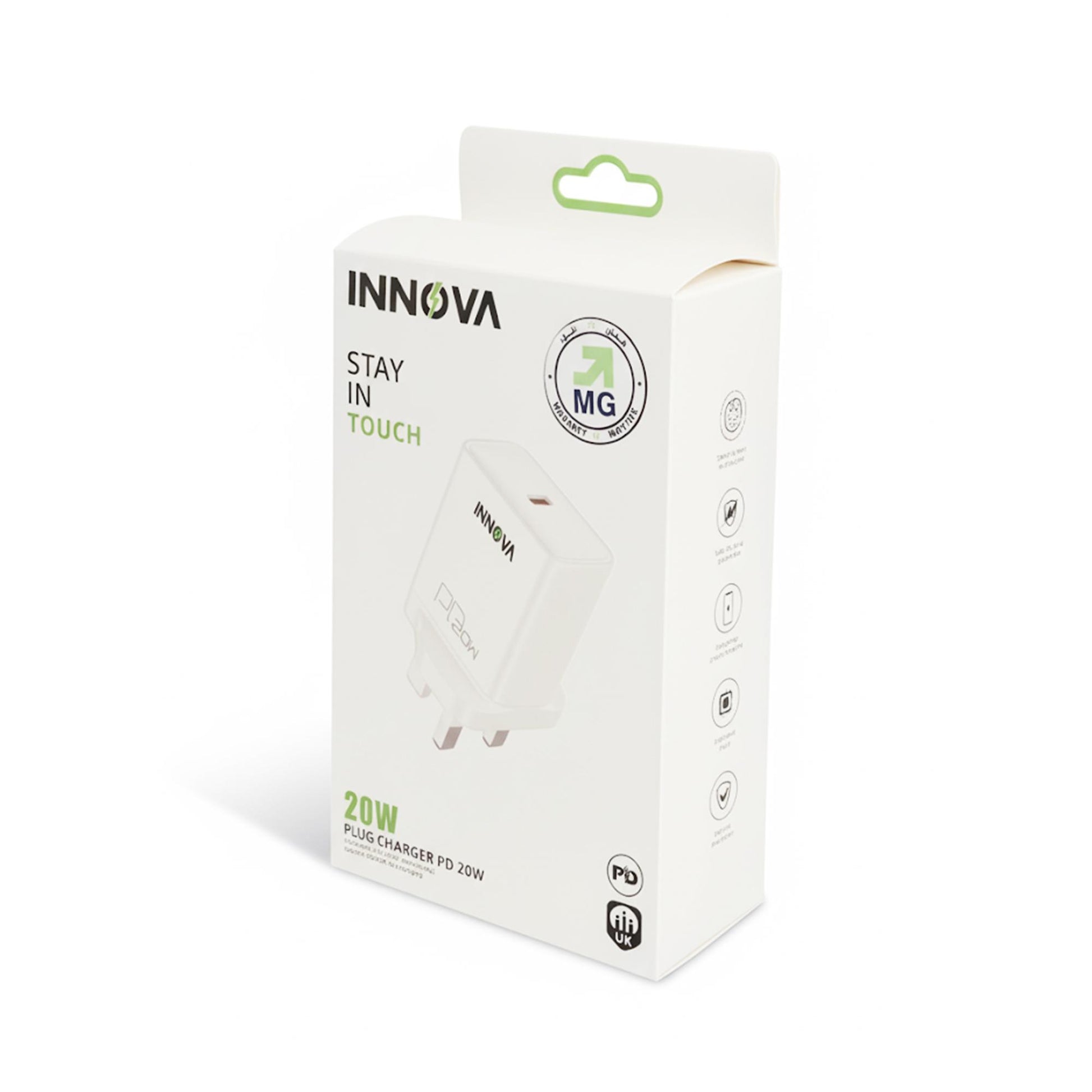 INNOVA PD 20W USB-C Fast Wall Charger Retail Packaging Front View - White