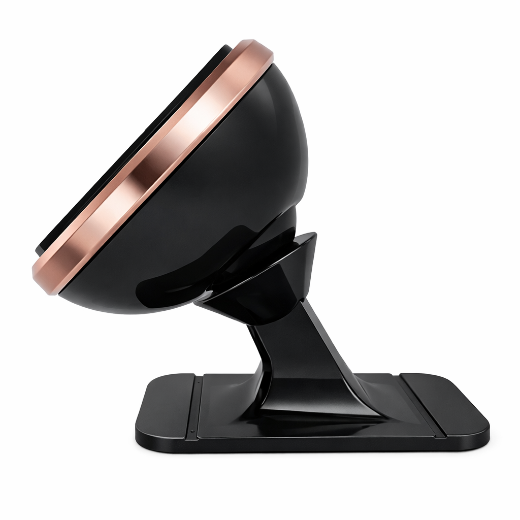 Profile view of Baseus magnetic car phone holder showing the sleek black body, gold rim, and adjustable stem on a white background.