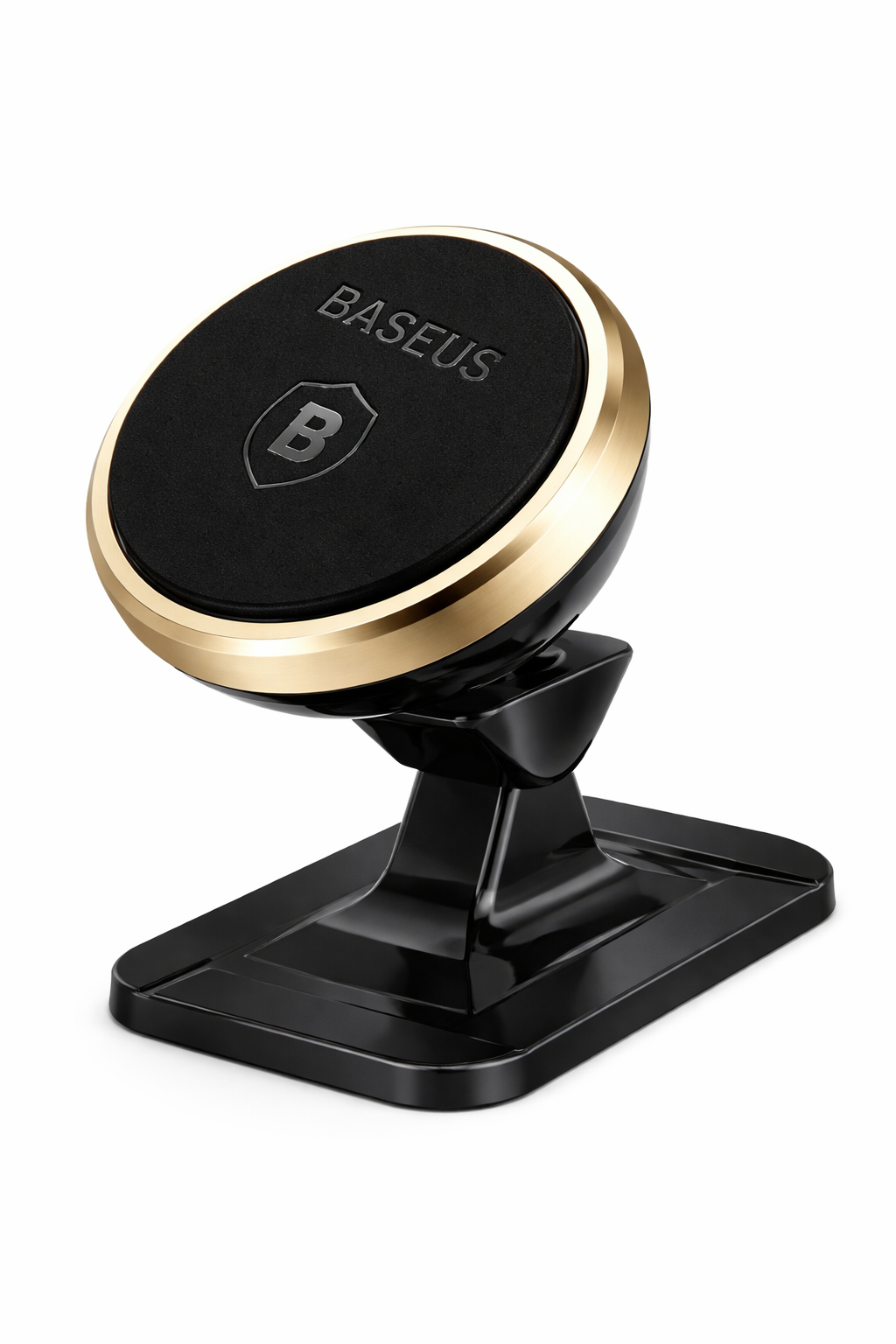 High-angle perspective of Baseus 360 adjustable magnetic phone holder with premium gold finish and textured magnetic surface.