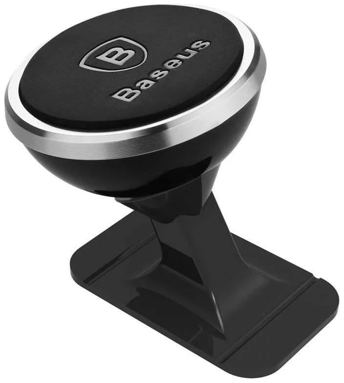 Close-up top angle shot of Baseus magnetic car mount head showing the circular silver rim and embossed Baseus logo.