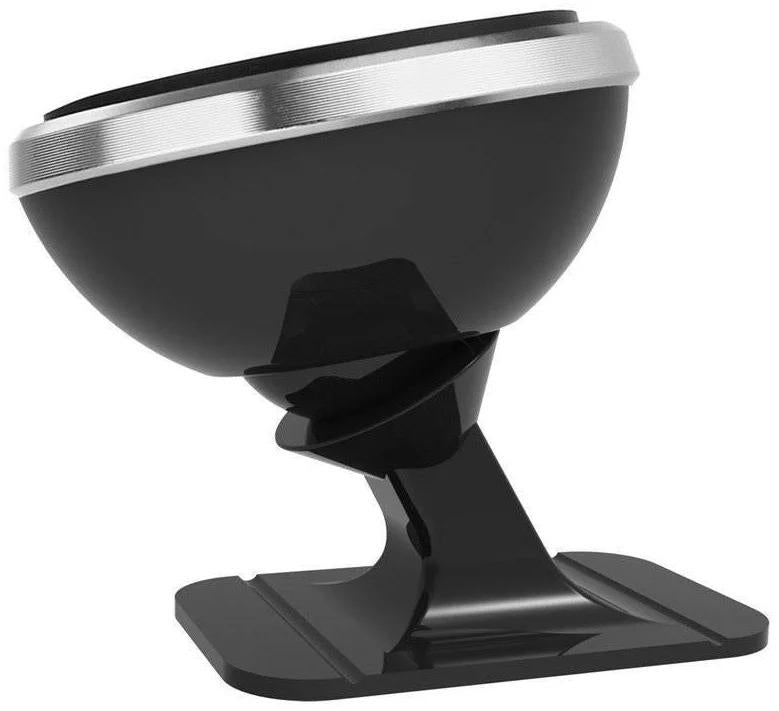 Side view of Baseus 360 degree adjustable magnetic car phone mount holder in black and silver on a dashboard stand.